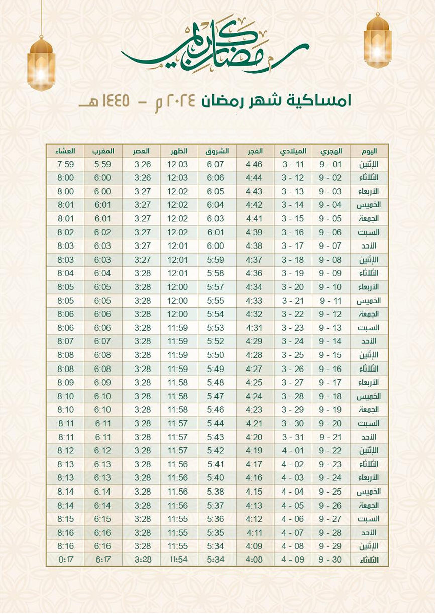 إمساكية شهر رمضان 2024 1445